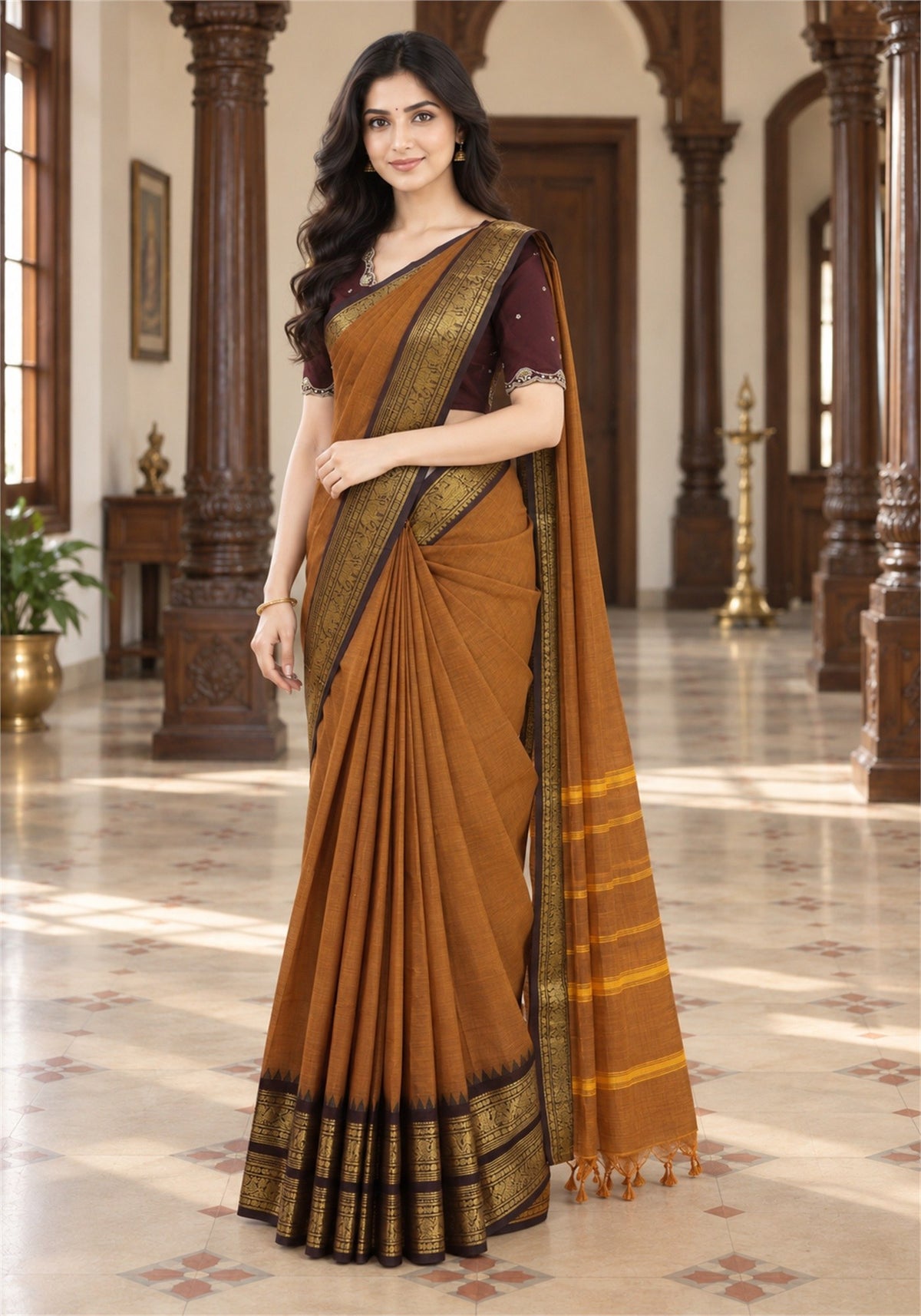 Chettinad Cotton Saree Mustard Brown Dark Brown Zari Border - PCS-1-9021 - view 3
