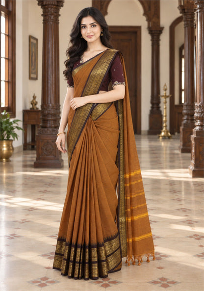 Chettinad Cotton Saree Mustard Brown Dark Brown Zari Border - PCS-1-9021 - view 3