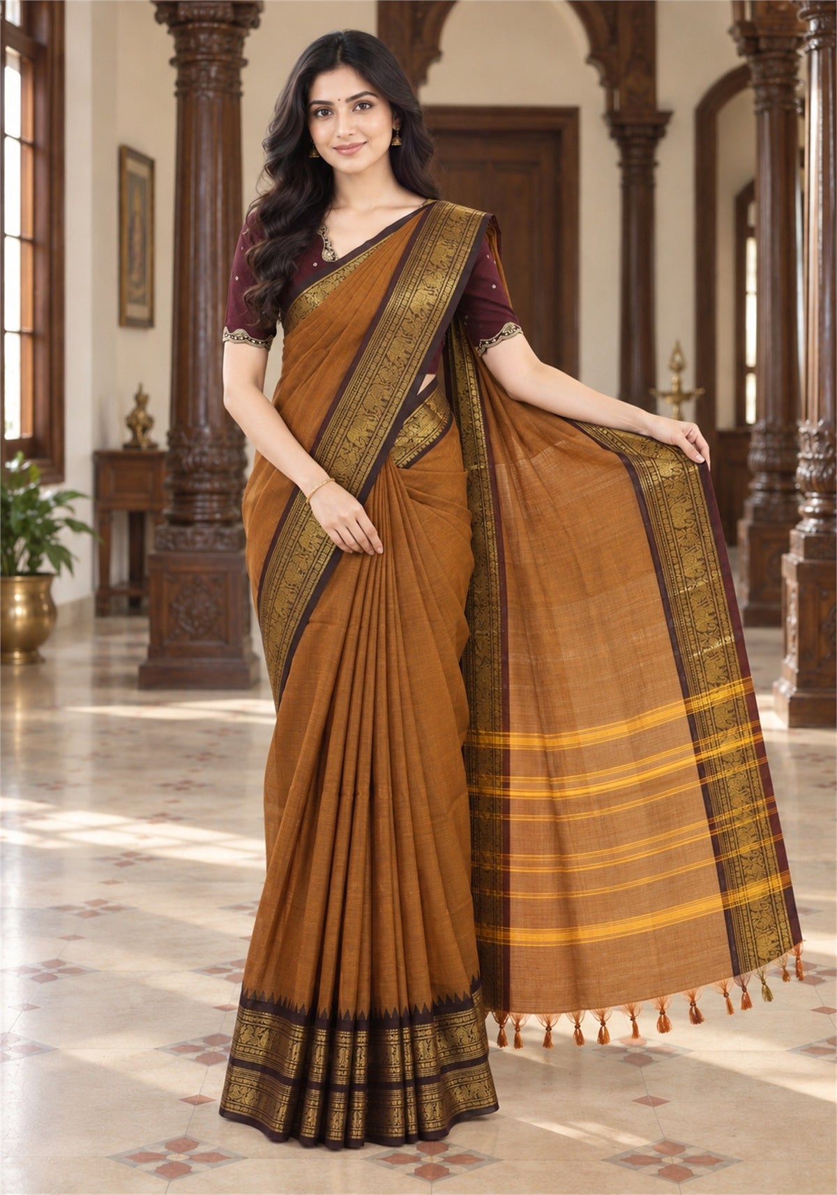 Chettinad Cotton Saree Mustard Brown Dark Brown Zari Border - PCS-1-9021 - view 4