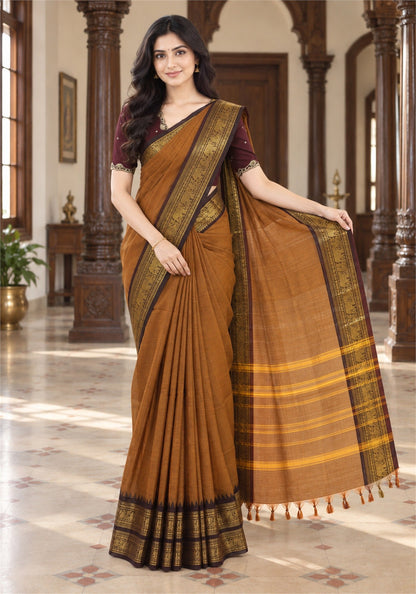 Chettinad Cotton Saree Mustard Brown Dark Brown Zari Border - PCS-1-9021 - view 4