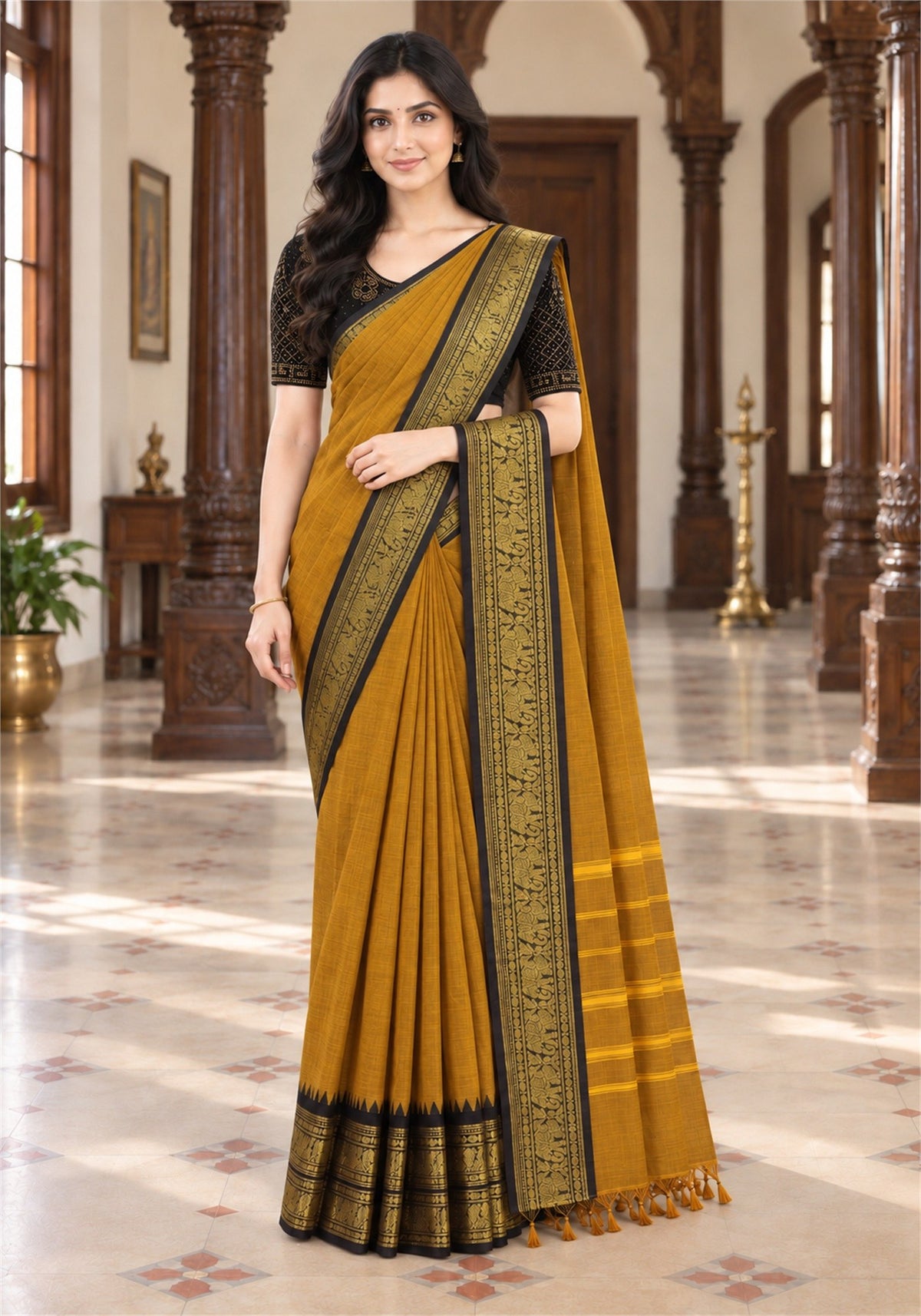 Chettinad Cotton Saree Mustard Brown Dark Wine Zari Border - PCS-1-9022 - view 1