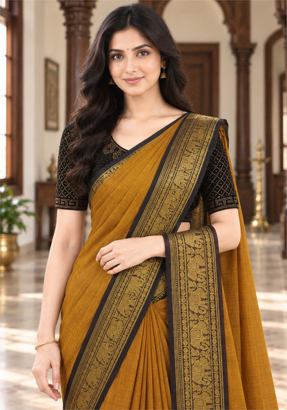 Chettinad Cotton Saree Mustard Brown Dark Wine Zari Border - PCS-1-9022 - view 2