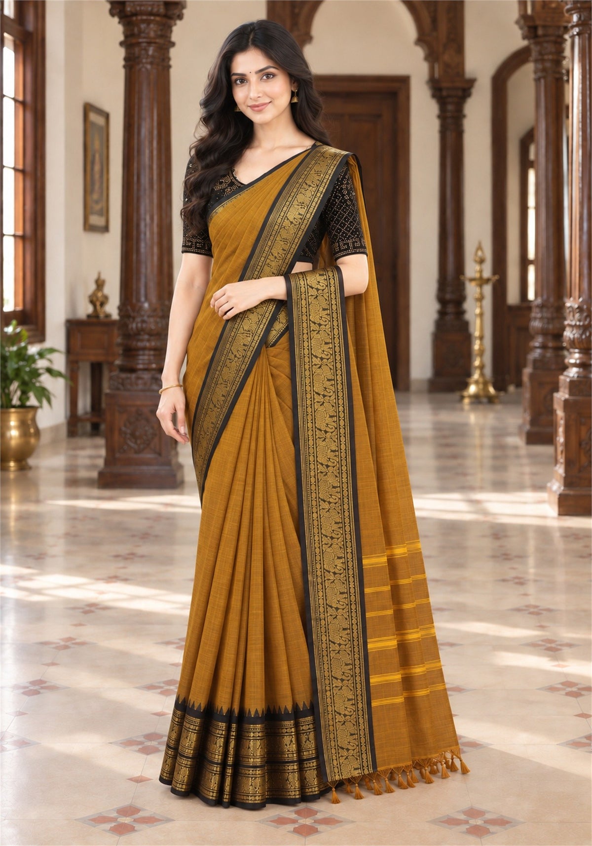 Chettinad Cotton Saree Mustard Brown Dark Wine Zari Border - PCS-1-9022 - view 3