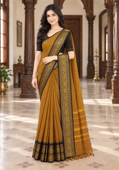 Chettinad Cotton Saree Mustard Brown Dark Wine Zari Border - PCS-1-9022 - view 3