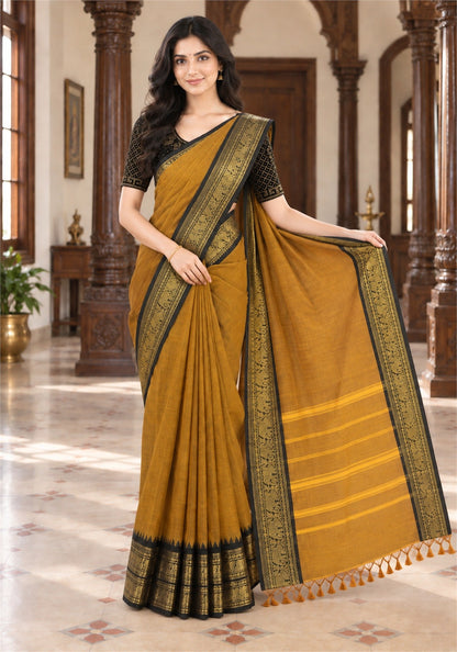 Chettinad Cotton Saree Mustard Brown Dark Wine Zari Border - PCS-1-9022 - view 4
