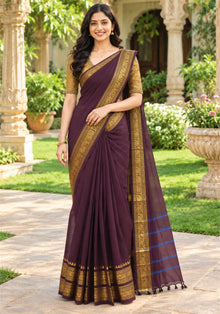 Chettinad Cotton Saree Wine Brown Antique Gold Peacock Border - Ashoka Threads