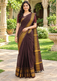 Chettinad Cotton Saree Deep Plum Antique Gold Temple Border - Ashoka Threads