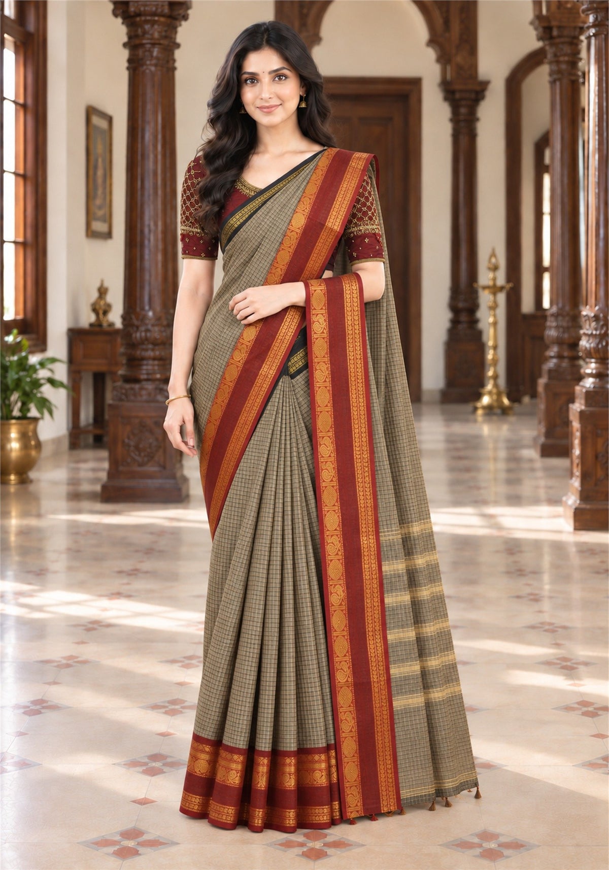 Chettinad Cotton Saree Beige Black Checks Maroon Red Zari Border - PCS-1-9031 - view 2
