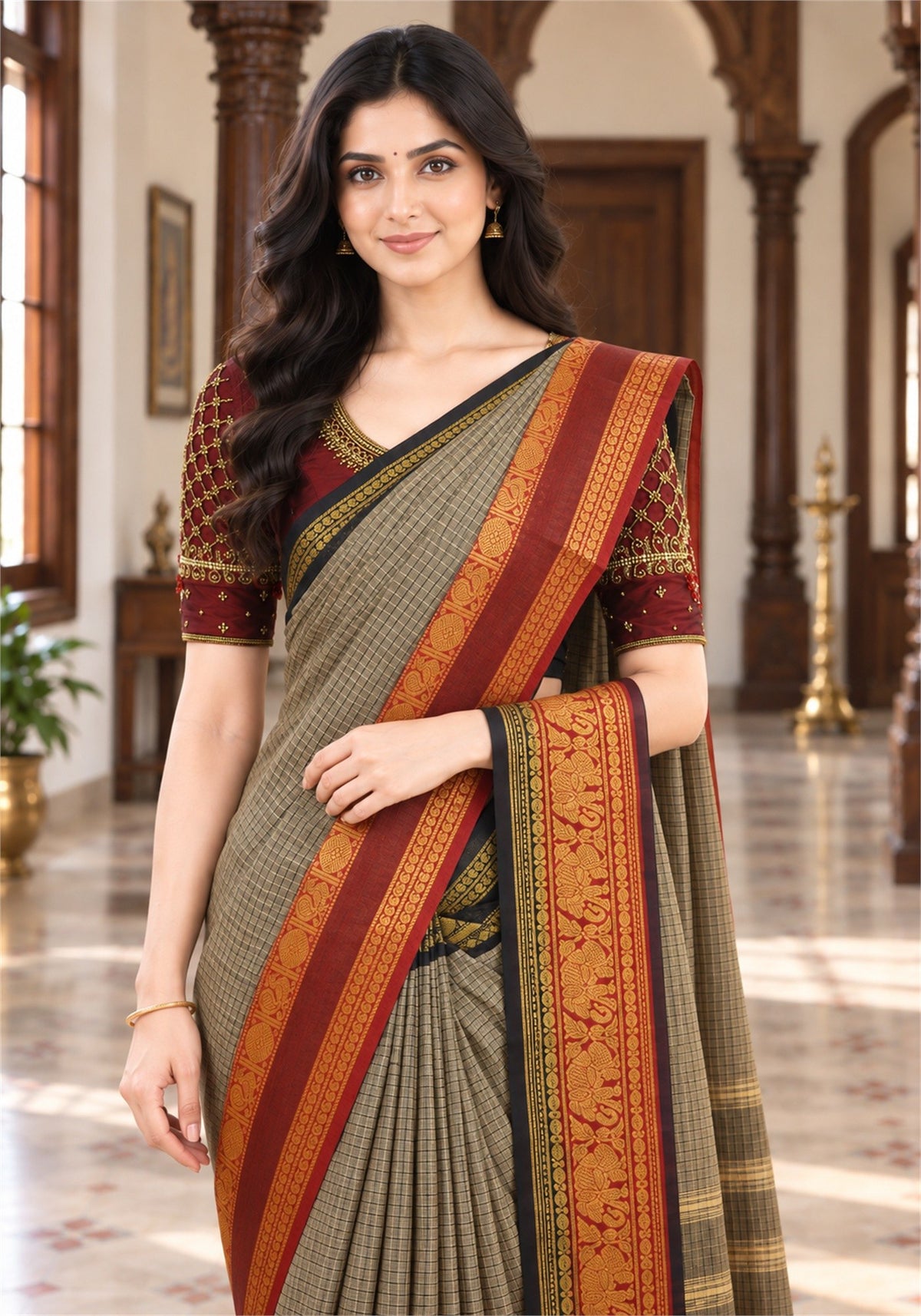Chettinad Cotton Saree Beige Black Checks Maroon Red Zari Border - PCS-1-9031 - view 3