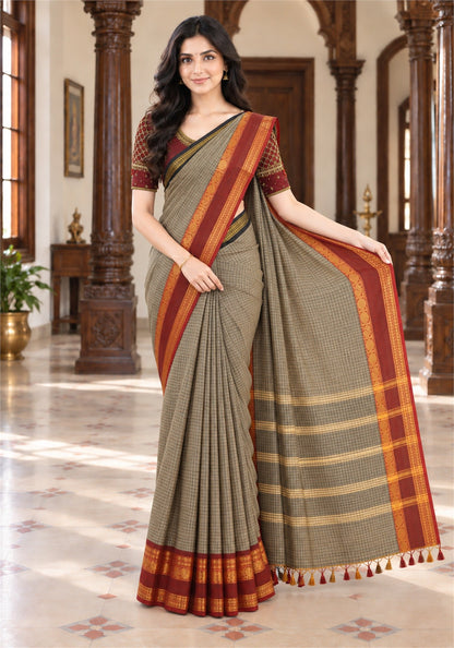 Chettinad Cotton Saree Beige Black Checks Maroon Red Zari Border - PCS-1-9031 - view 4
