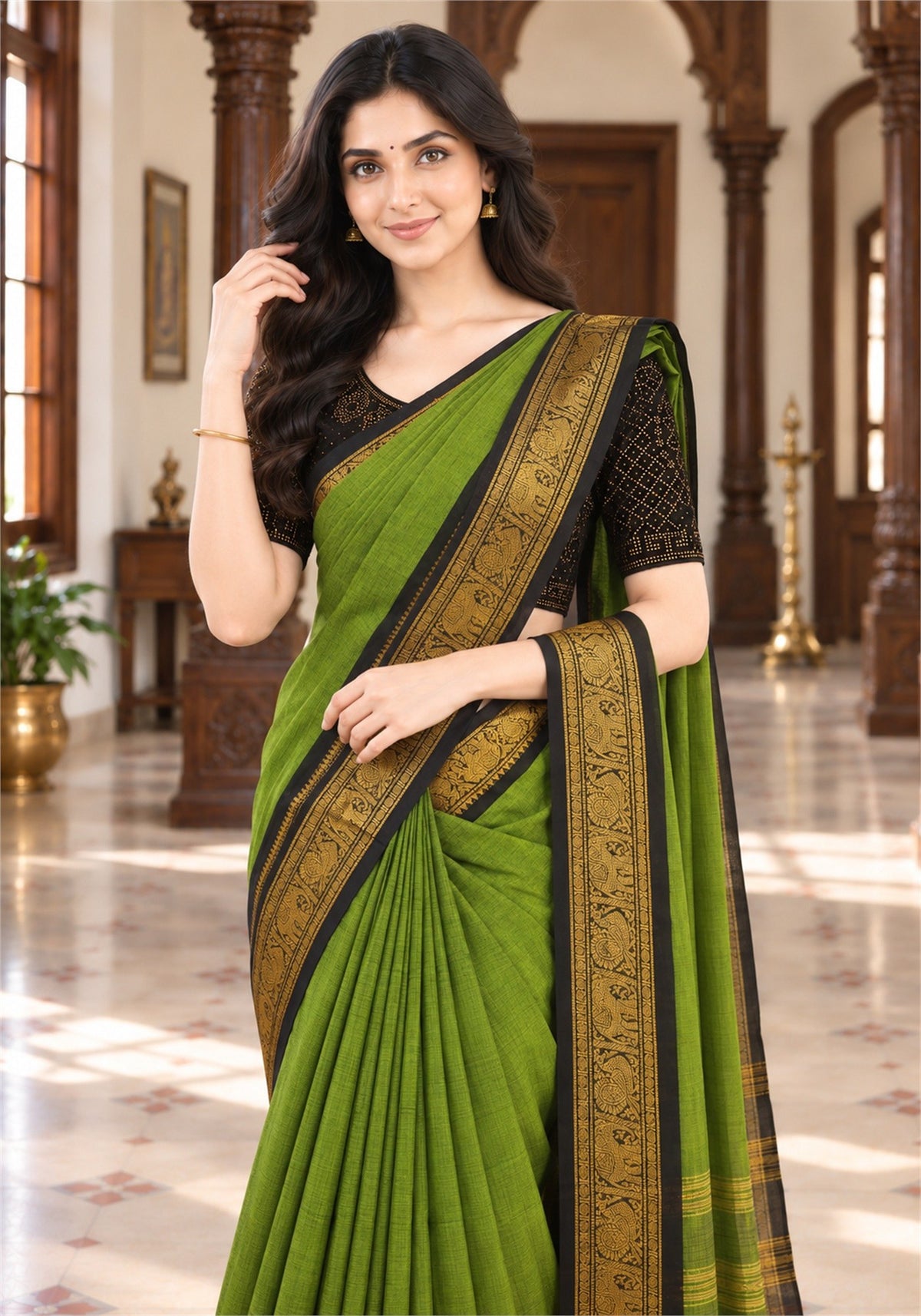 Chettinad Cotton Saree Parrot Green Black Gold Zari Border - PCS-1-9032 - view 1