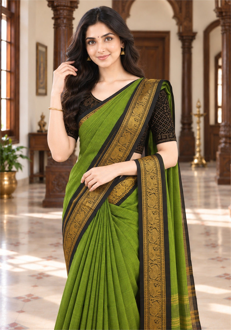 Chettinad Cotton Saree Parrot Green Black Gold Zari Border - Ashoka Threads