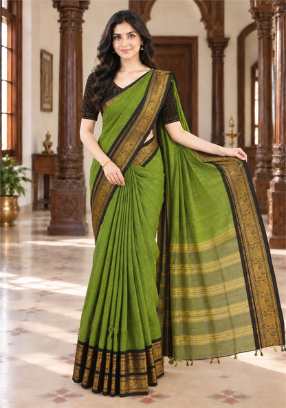Chettinad Cotton Saree Parrot Green Black Gold Zari Border - PCS-1-9032 - view 2
