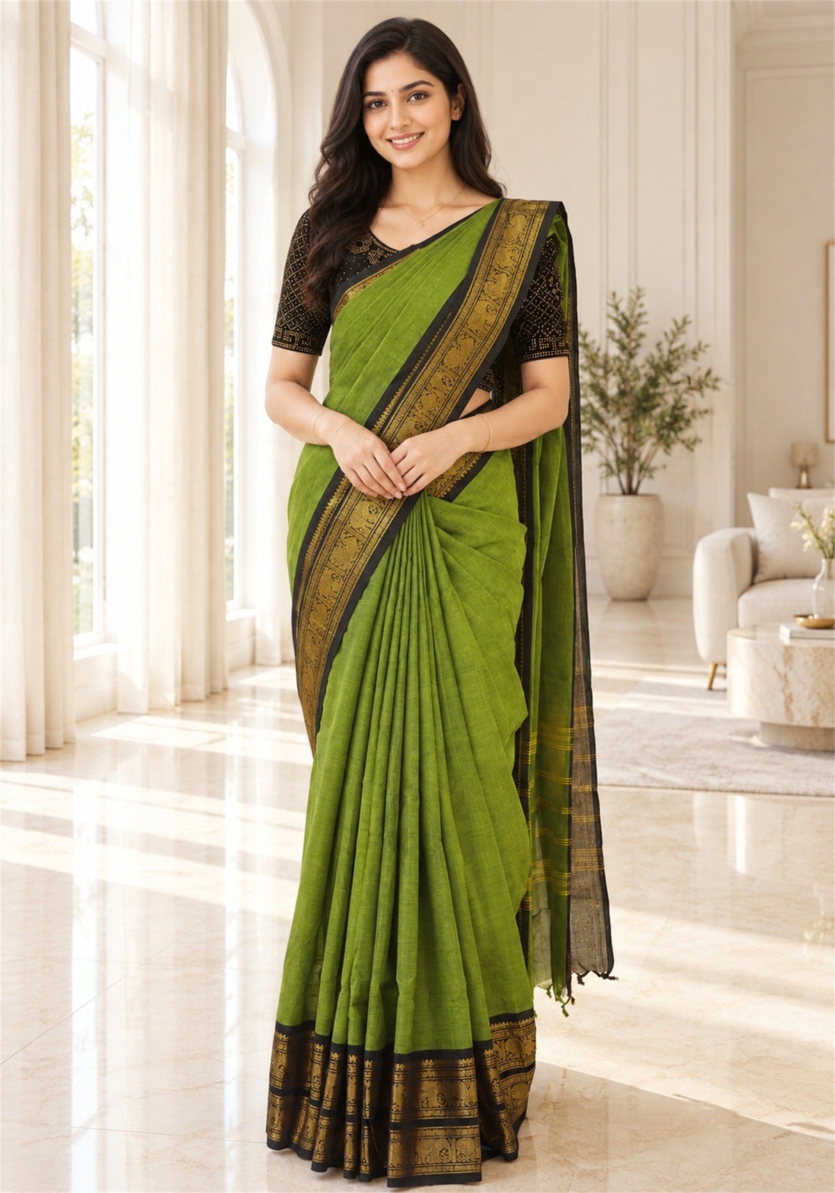 Chettinad Cotton Saree Parrot Green Black Gold Zari Border - PCS-1-9032 - view 3