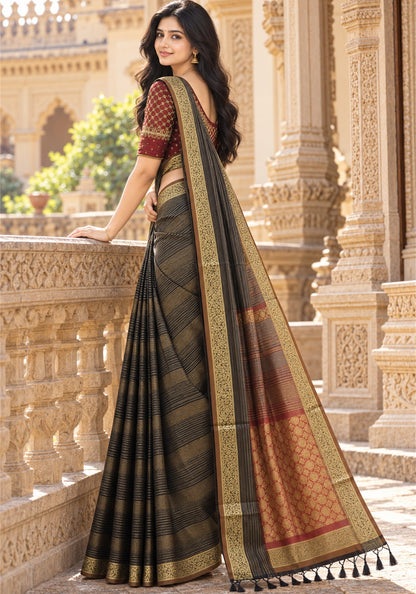 SFS-1-2101 Soft Fancy Saree Dark Olive Brown with Antique Gold Zari Border and Maroon Pallu - Ashoka Threads