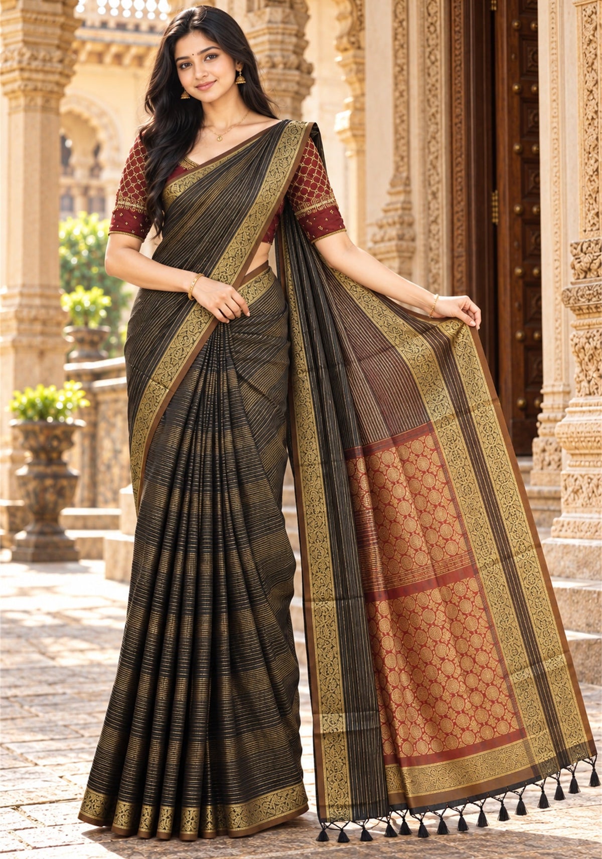 SFS-1-2101 Soft Fancy Saree Dark Olive Brown with Antique Gold Zari Border and Maroon Pallu - Ashoka Threads