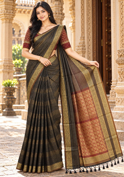 SFS-1-2101 Soft Fancy Saree Dark Olive Brown with Antique Gold Zari Border and Maroon Pallu - Ashoka Threads