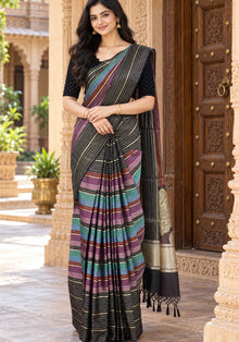 Soft Fancy Saree Black Multicolour Stripes Wine Gold Zari Pallu - Ashoka Threads