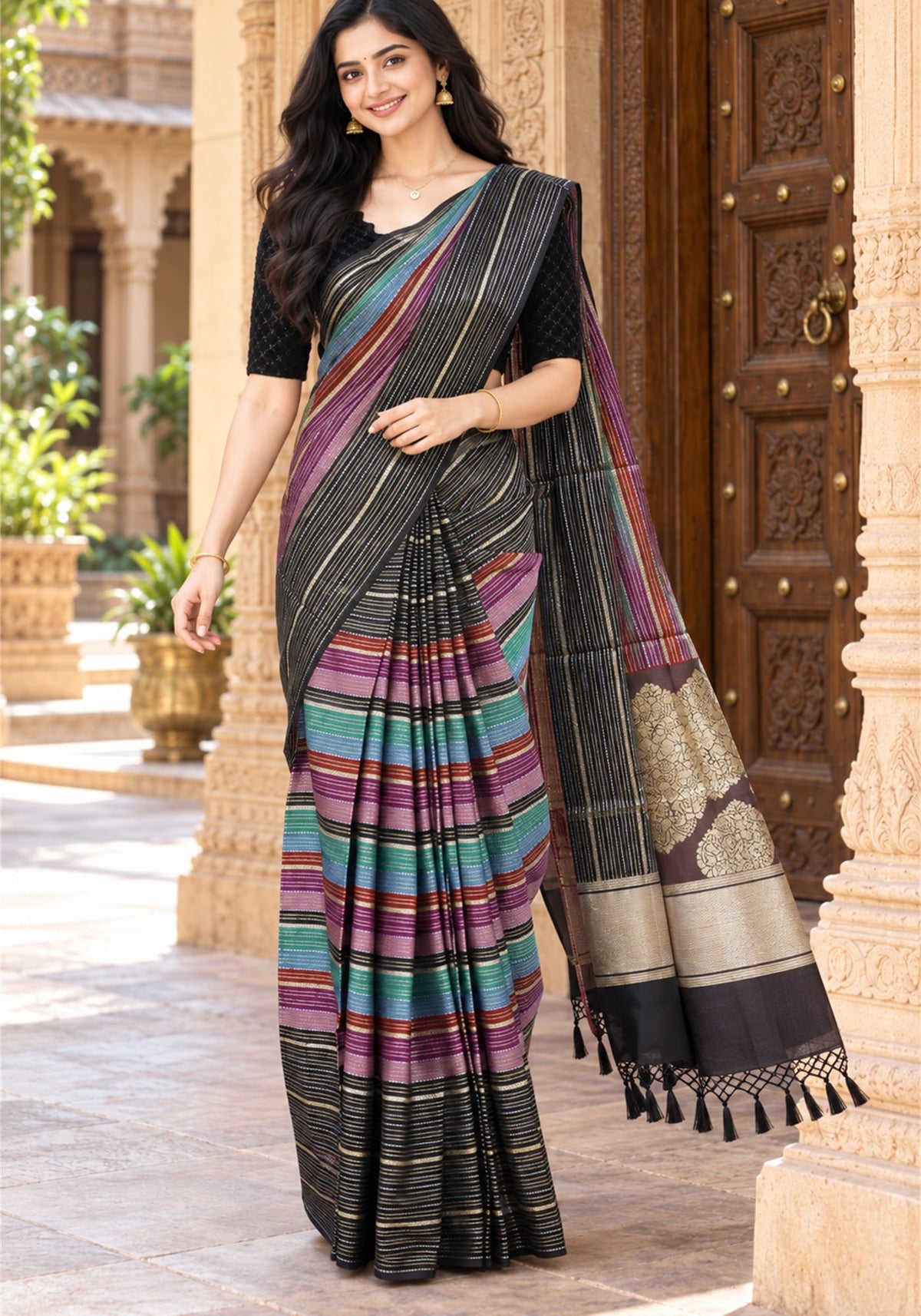 SFS-1-2102 Soft Fancy Saree Black Multicolour Stripes with Wine and Gold Zari Pallu - Ashoka Threads