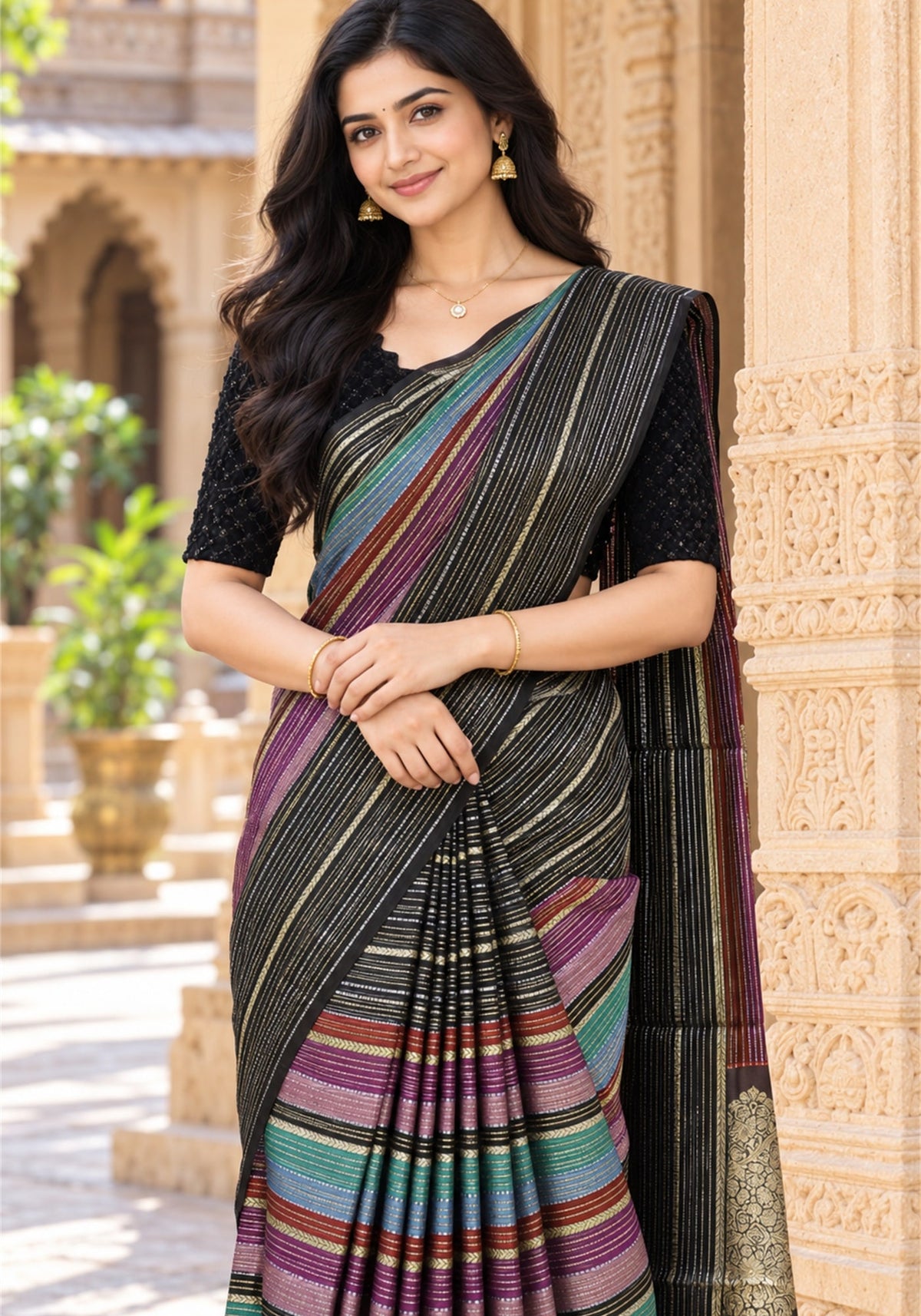 SFS-1-2102 Soft Fancy Saree Black Multicolour Stripes with Wine and Gold Zari Pallu - Ashoka Threads