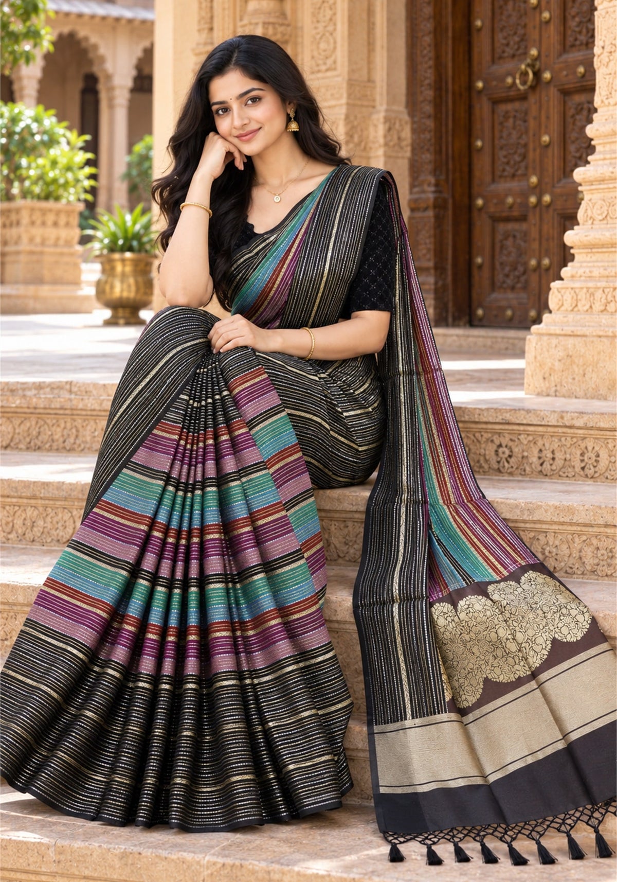 SFS-1-2102 Soft Fancy Saree Black Multicolour Stripes with Wine and Gold Zari Pallu - Ashoka Threads