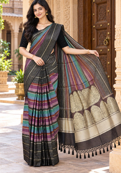 SFS-1-2102 Soft Fancy Saree Black Multicolour Stripes with Wine and Gold Zari Pallu - Ashoka Threads