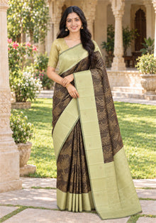 Soft Silk with Arani Border Stone Saree Dark Chocolate Brown - Ashoka Threads