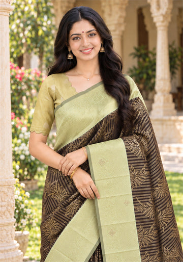 Soft Silk with Arani Border Stone Saree Dark Chocolate Brown - Ashoka Threads