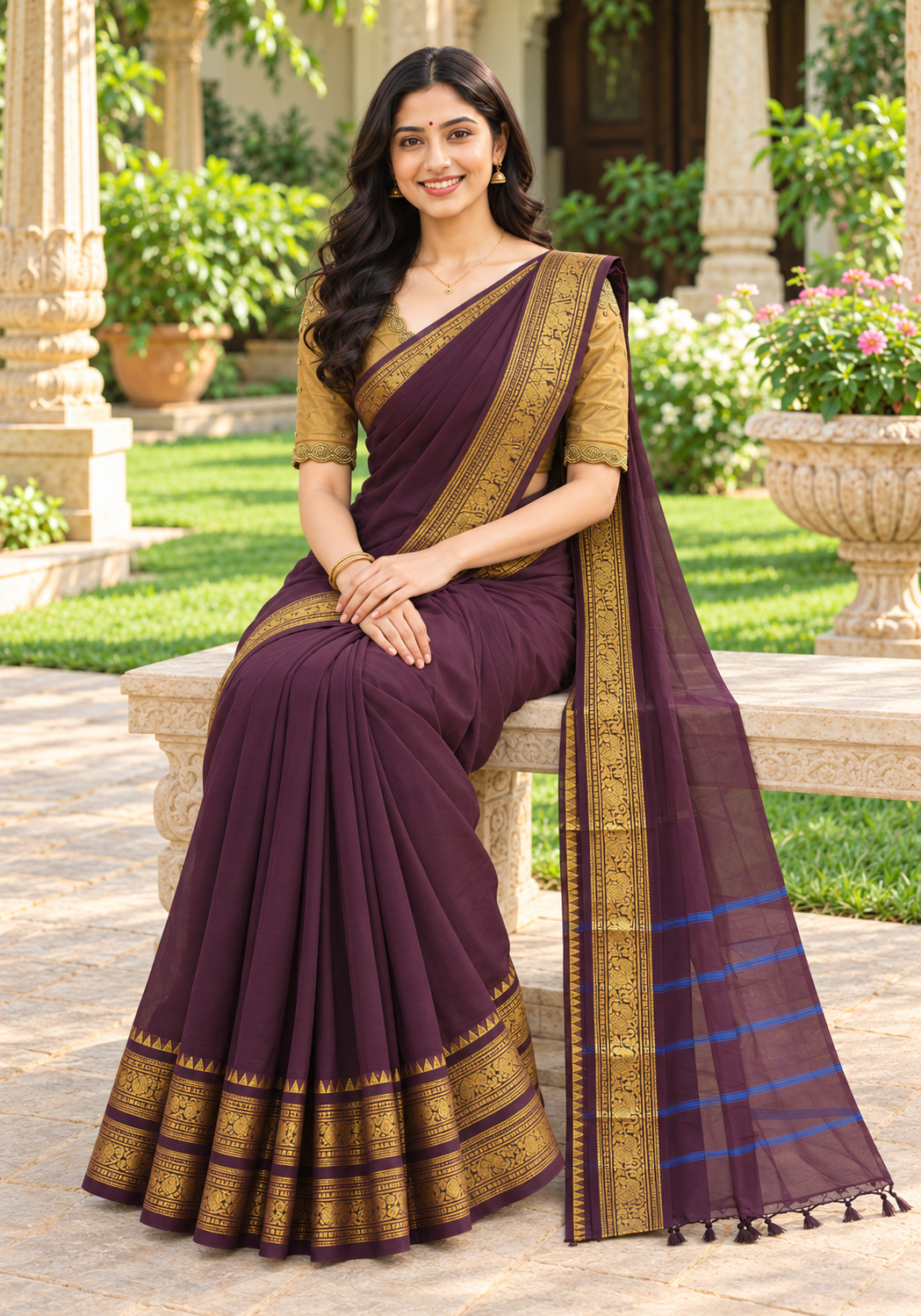 Chettinad Cotton Saree Wine Brown Antique Gold Peacock Border - Ashoka Threads