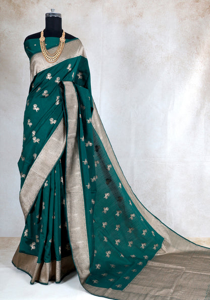 Teal Green Silver Buti Tissue Silk Saree - TBS-1-1001