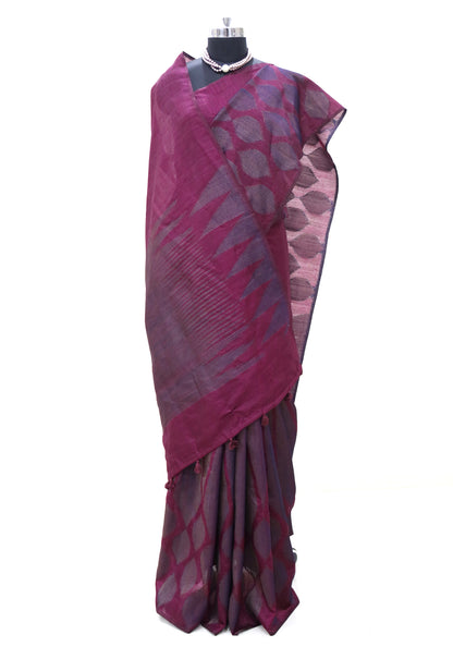 Dhupian Thread Silk Saree Magenta Grey Round Motif