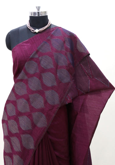 Dhupian Thread Silk Saree Magenta Grey Round Motif