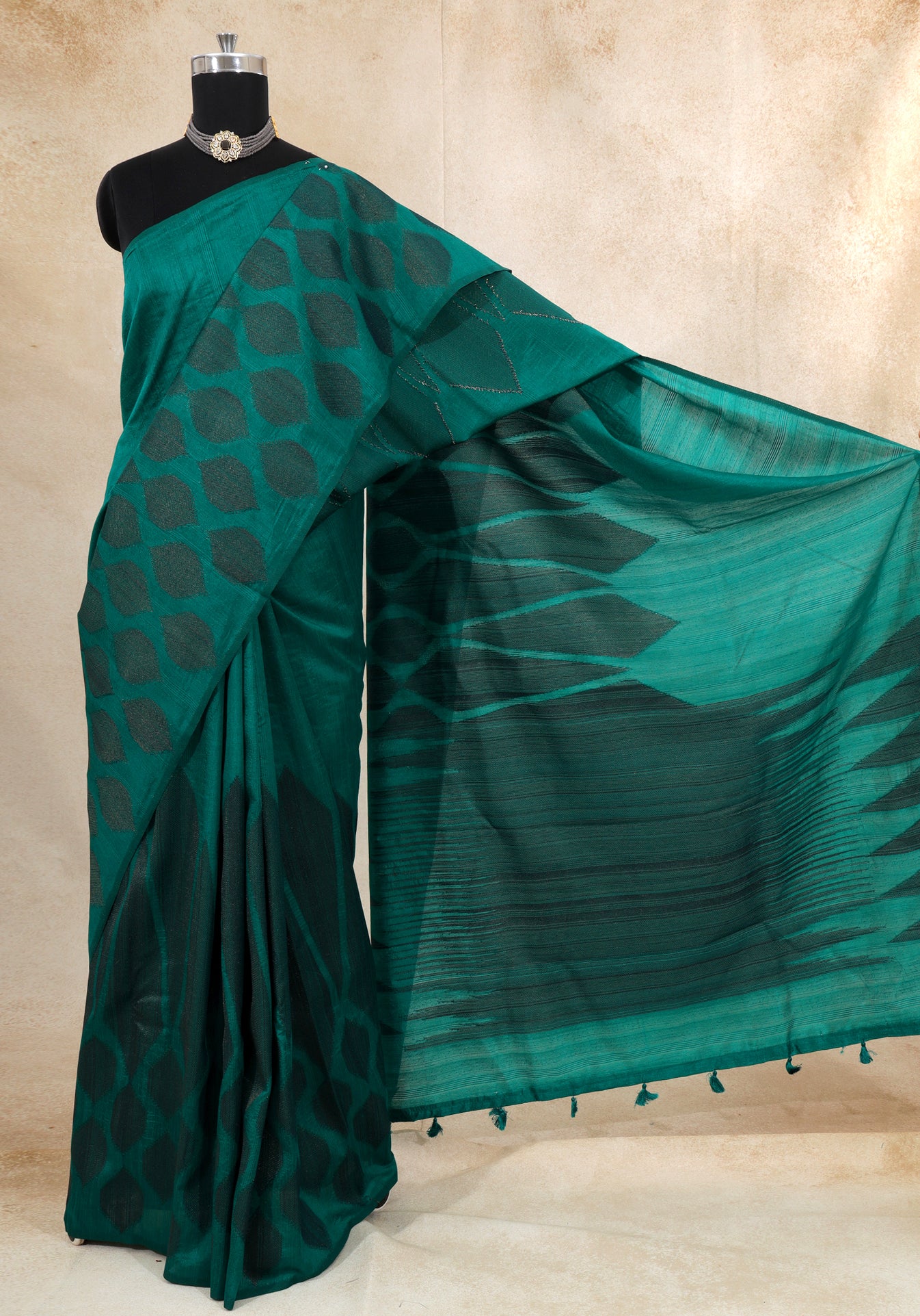 Dhupian Thread Silk Saree Emerald Teal Woven Motif