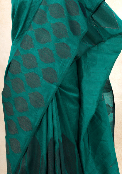 Dhupian Thread Silk Saree Emerald Teal Woven Motif