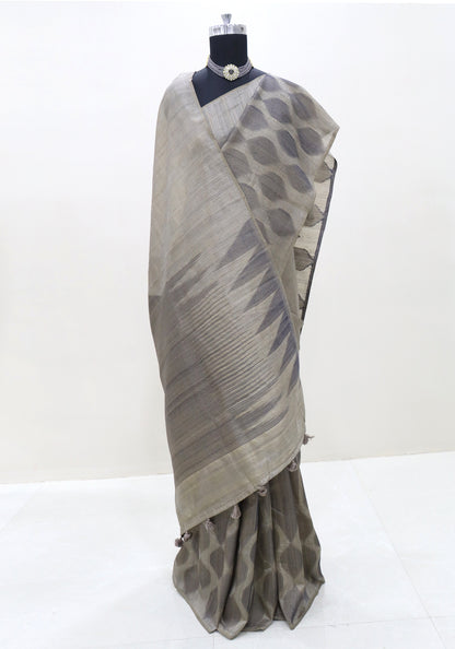 Dhupian Thread Silk Saree Stone Grey Silver Round Motif
