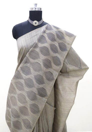 Dhupian Thread Silk Saree Stone Grey Silver Round Motif