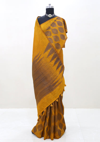 Dhupian Thread Silk Saree Mustard Gold Round Motif