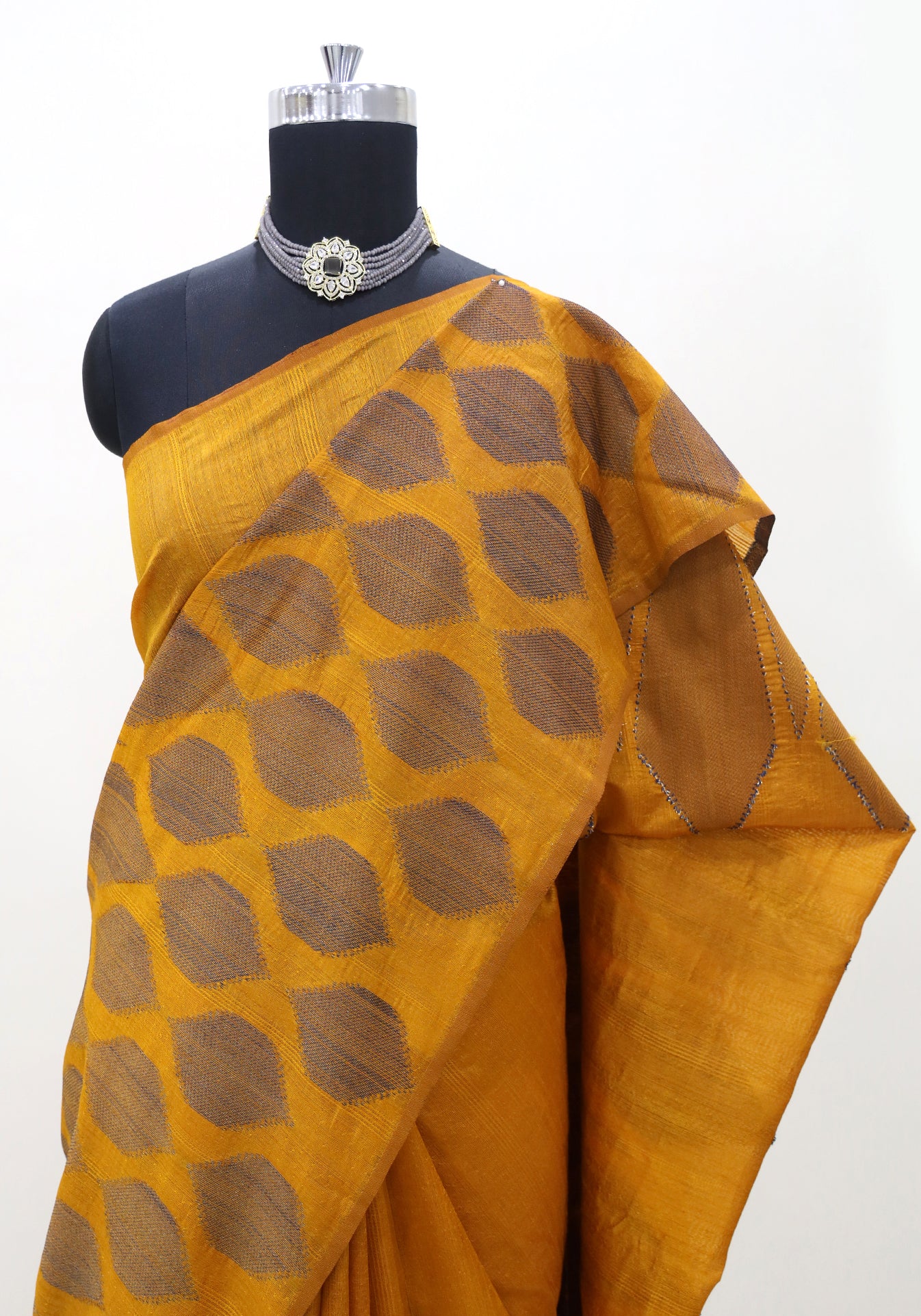 Dhupian Thread Silk Saree Mustard Gold Round Motif