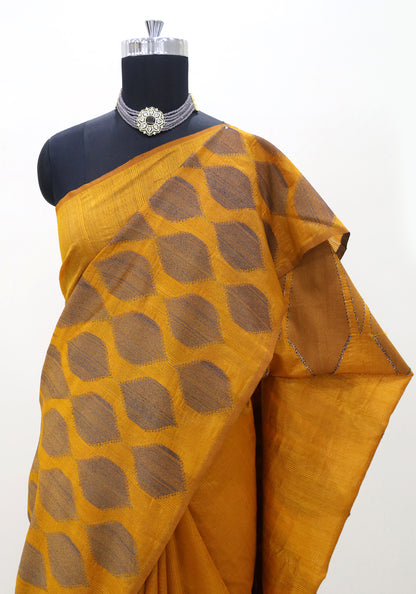 Dhupian Thread Silk Saree Mustard Gold Round Motif