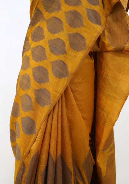 Dhupian Thread Silk Saree Mustard Gold Round Motif