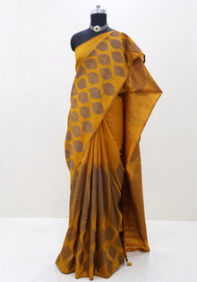 Dhupian Thread Silk Saree Mustard Gold Round Motif