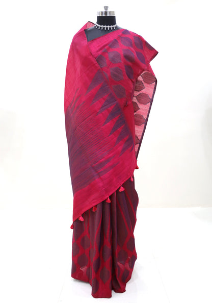 Dhupian Thread Silk Saree Ruby Red Grey Round Motif