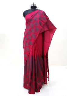 Dhupian Thread Silk Saree Ruby Red Grey Round Motif