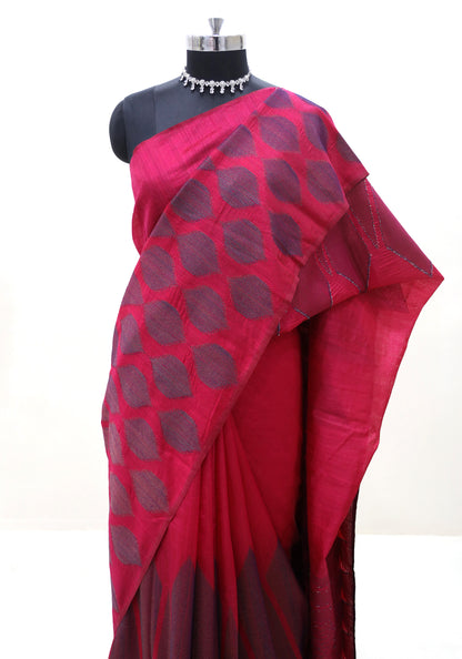 Dhupian Thread Silk Saree Ruby Red Grey Round Motif