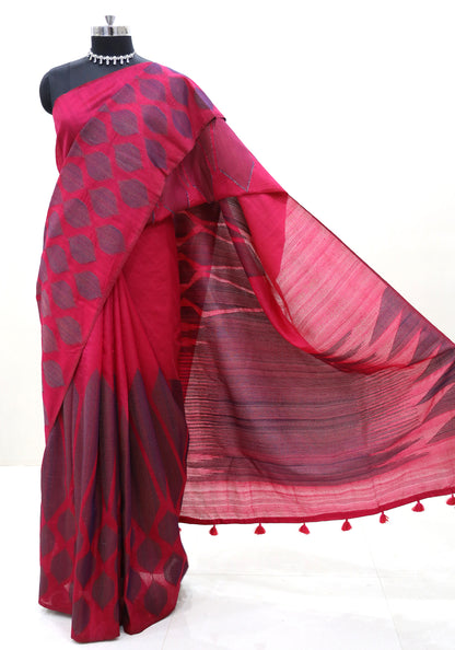 Dhupian Thread Silk Saree Ruby Red Grey Round Motif