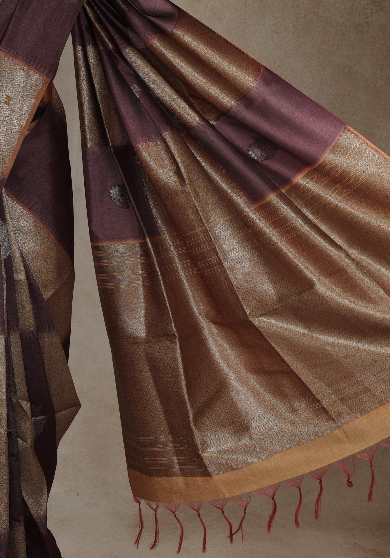 Tussar Silk Saree Striped Maroon Antique Gold