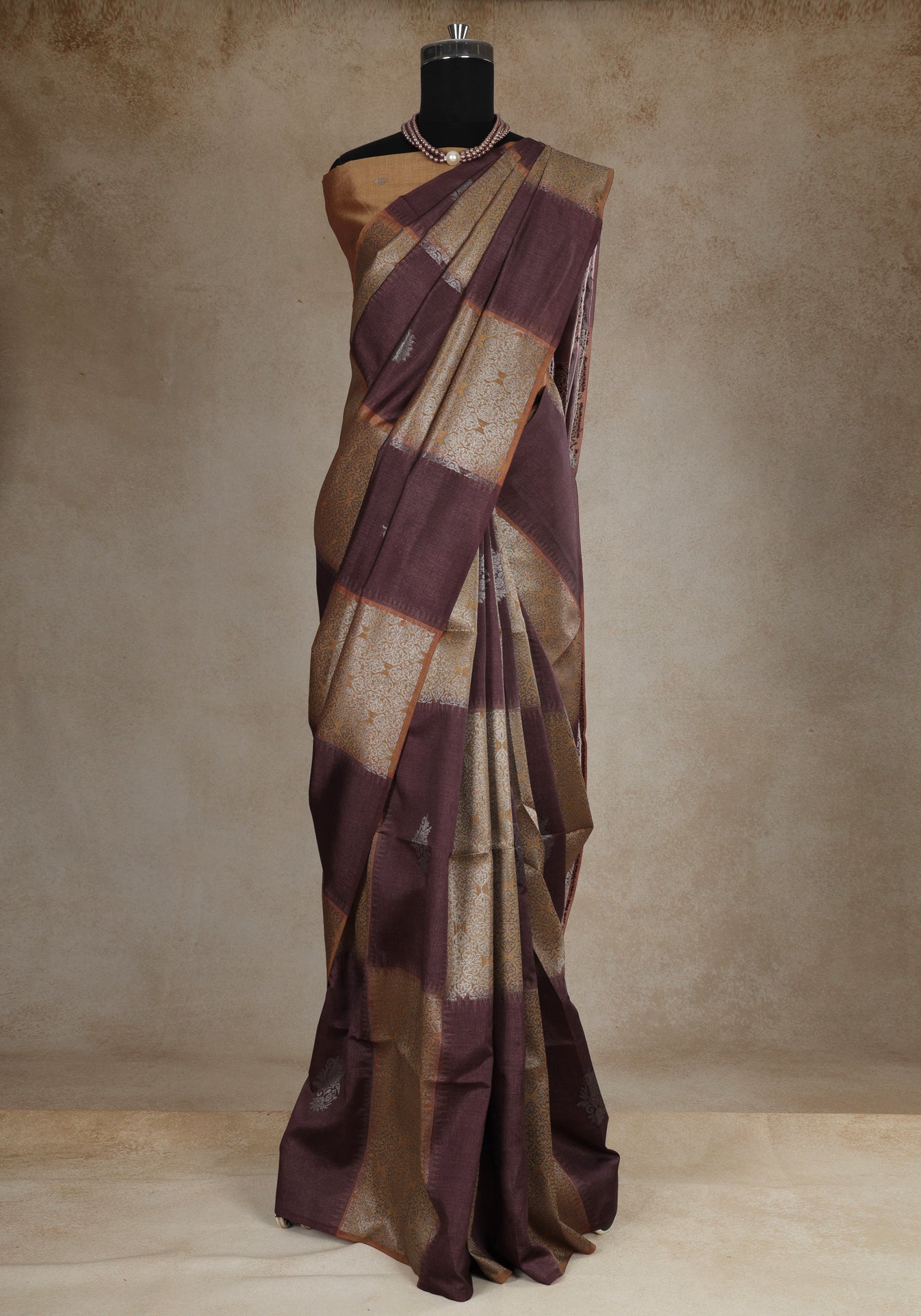 Tussar Silk Saree Striped Maroon Antique Gold