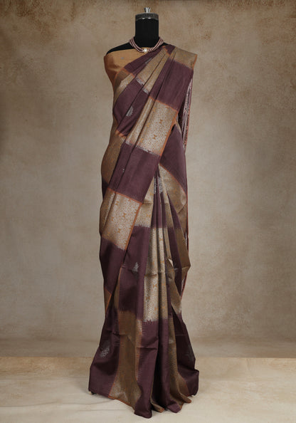 Tussar Silk Saree Striped Maroon Antique Gold