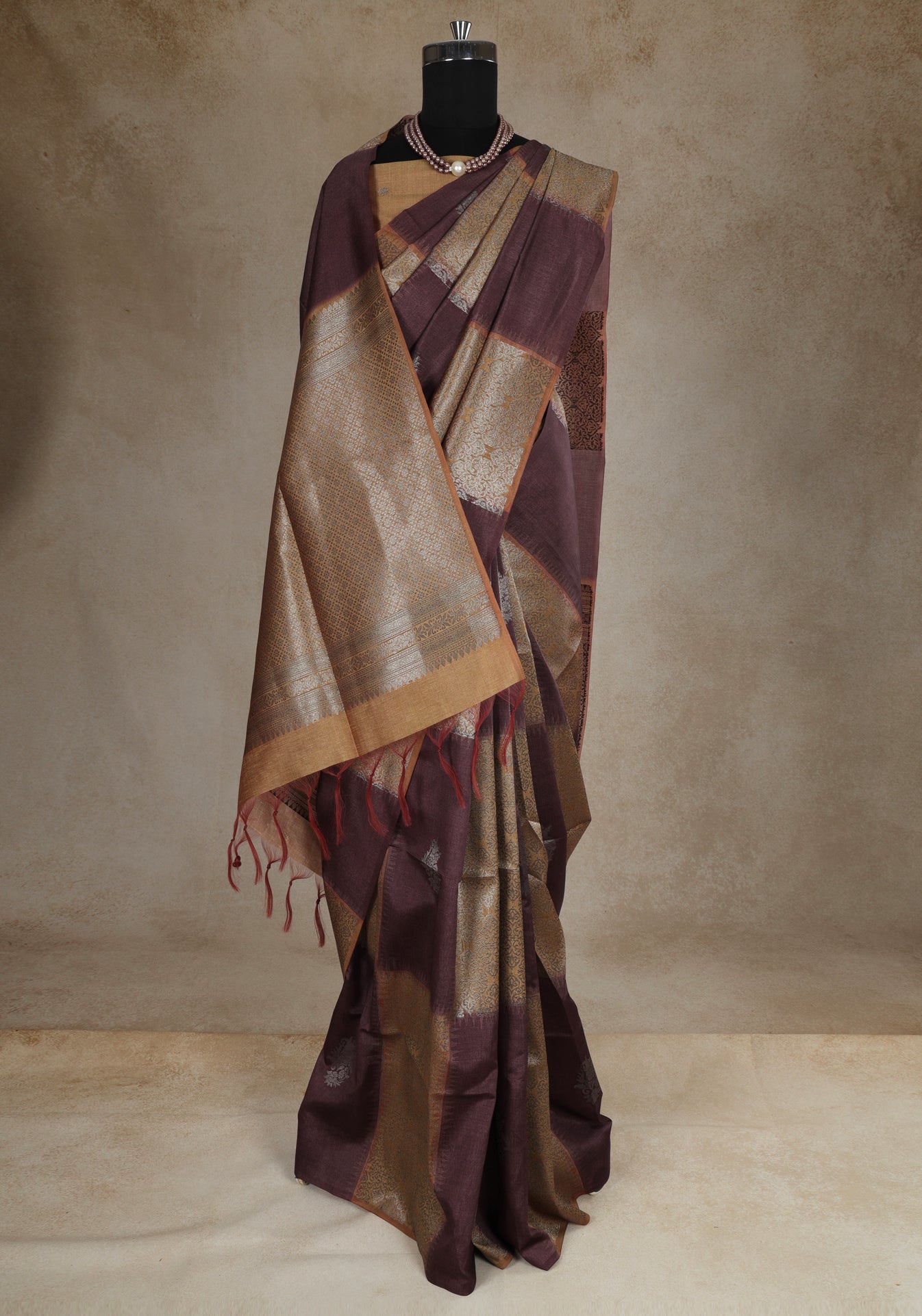 Tussar Silk Saree Striped Maroon Antique Gold