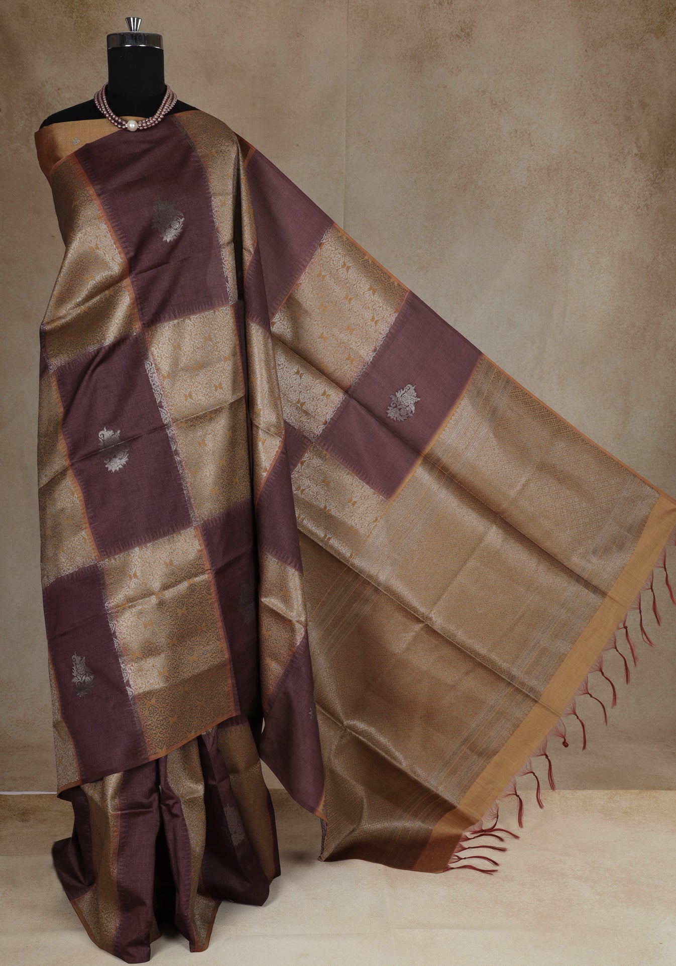 Tussar Silk Saree Striped Maroon Antique Gold